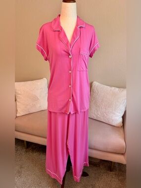 Eberjey Gisele PJ Set Pink Cropped Pant White Piping Tencel Women’s Small Lounge